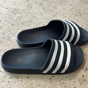 Adidas Black Slides with White Stripes